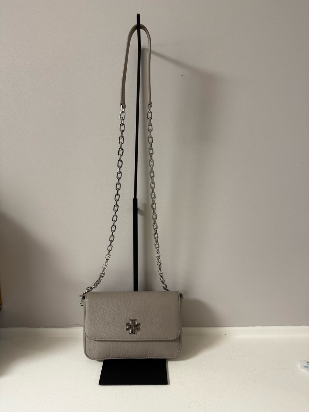 Tory Burch Taupe Pebbled Leather Crossbody with Silver Chain!
